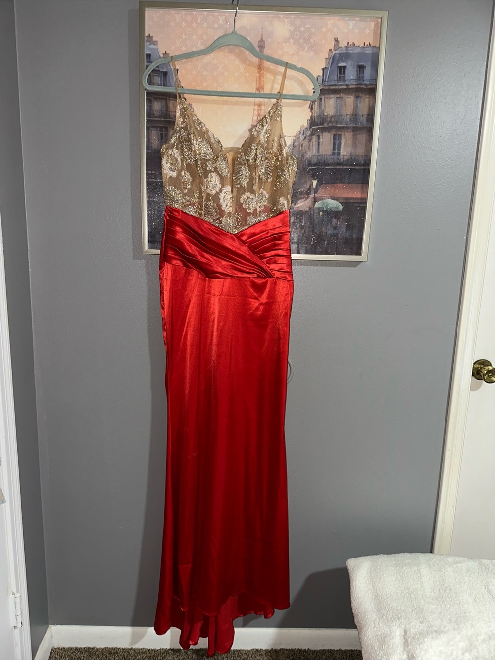 SHEIN Red Satin Dress with Gold Lace